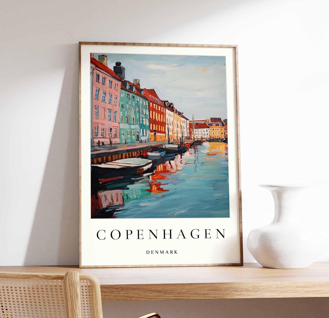 Copenhagen Denmark Nyhavn Rowboats Pastel Houses Glassy Water Poster