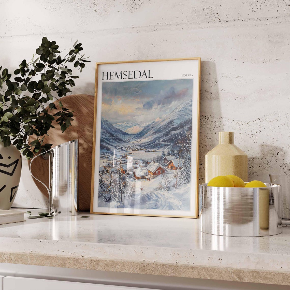 Hemsedal Norway Winter Red Chalets Village Moody Mountains Poster - Image 2