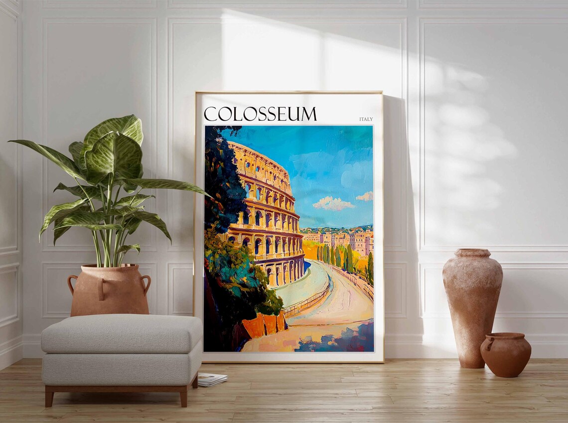 Colosseum Italy Travel Poster Curved Road Cypress View Painting Art - Image 2