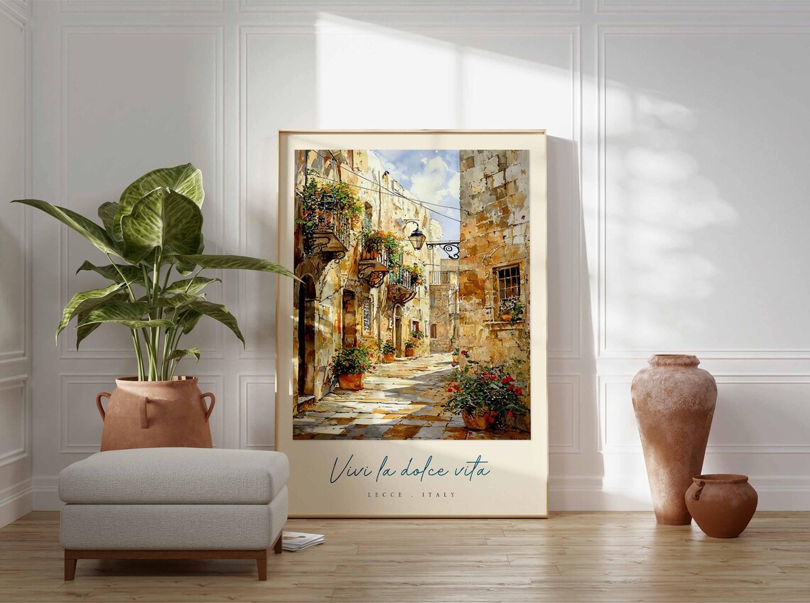 Lecce Italy Stone Alley Flower Balconies Watercolor Travel Poster - Image 3