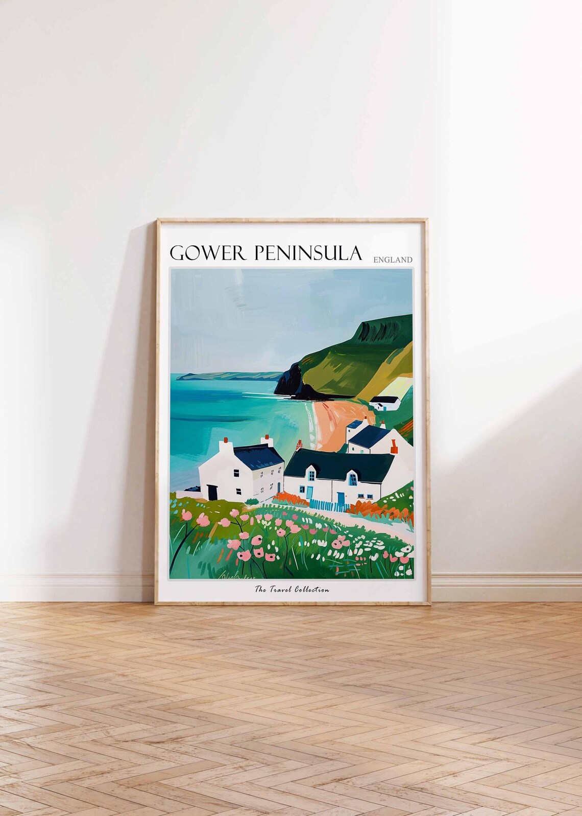 Gower Peninsula White Cottages Travel Poster Turquoise Bay Coastal Art - Image 2