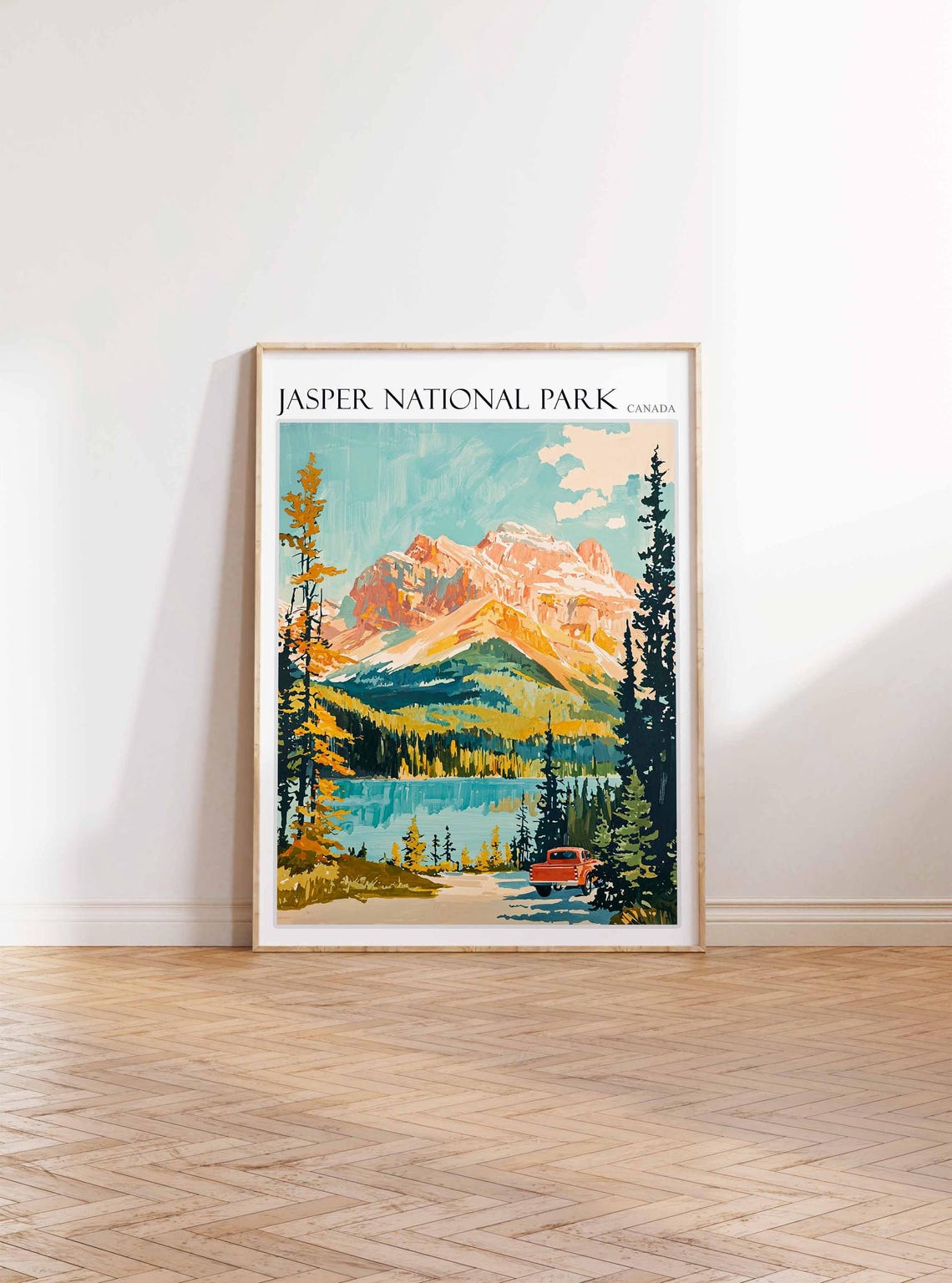 Jasper National Park Autumn Lakeside Red Truck Travel Poster - Image 3