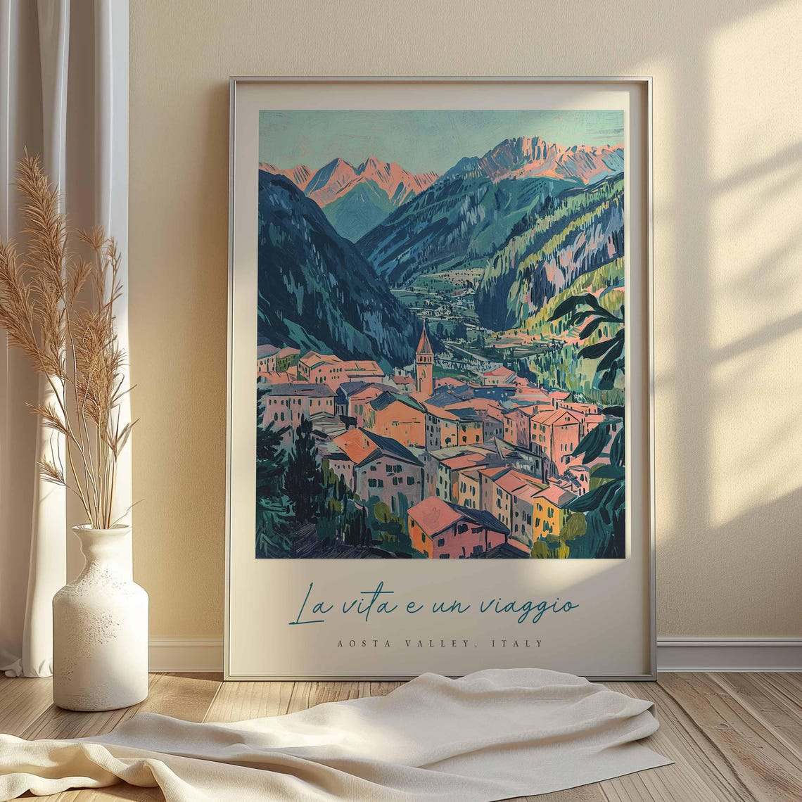 Aosta Valley Mountain Town Pink Roofs Glowing Sunset Peaks Poster - Image 2