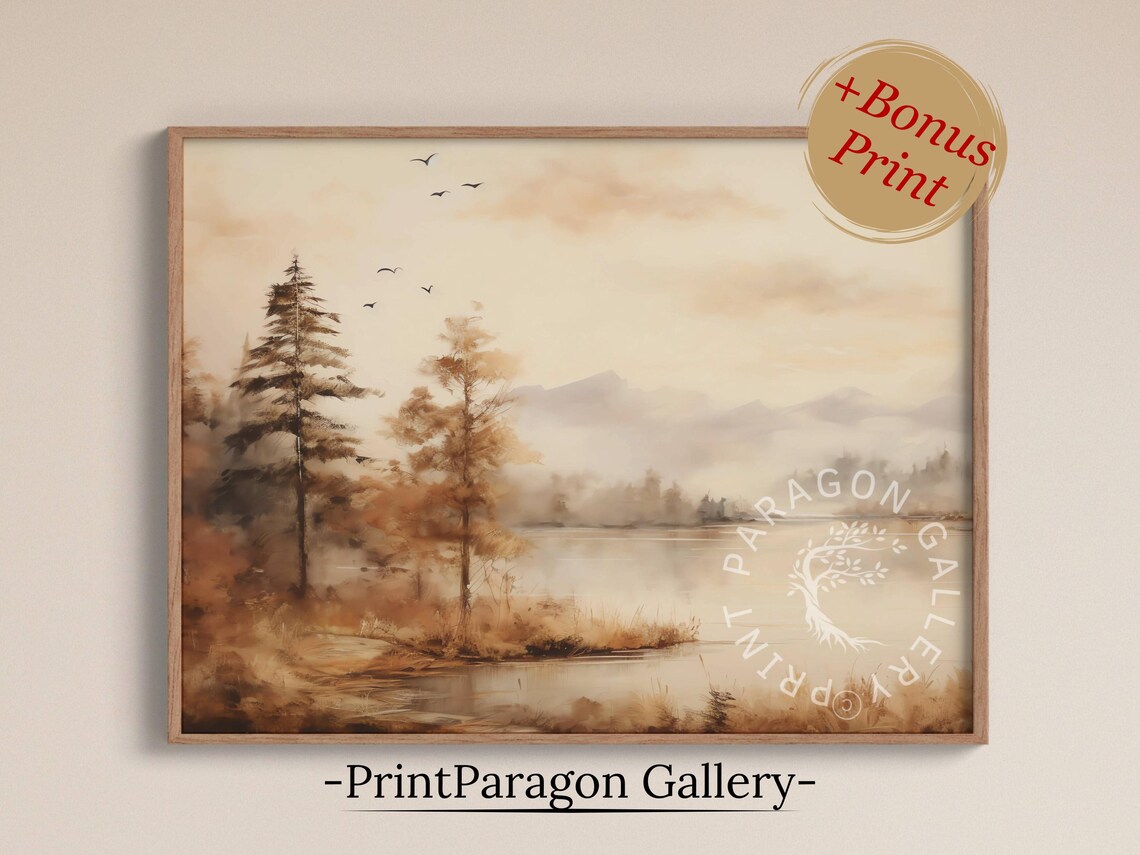 Foggy Lake Vintage Autumn Landscape Art Print