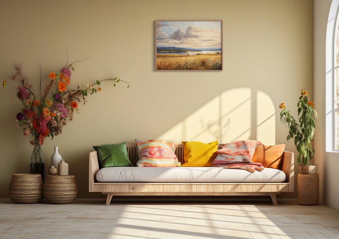 Golden Wheat Field White Wildflowers By Lake Vintage Landscape Wall Art - Image 2