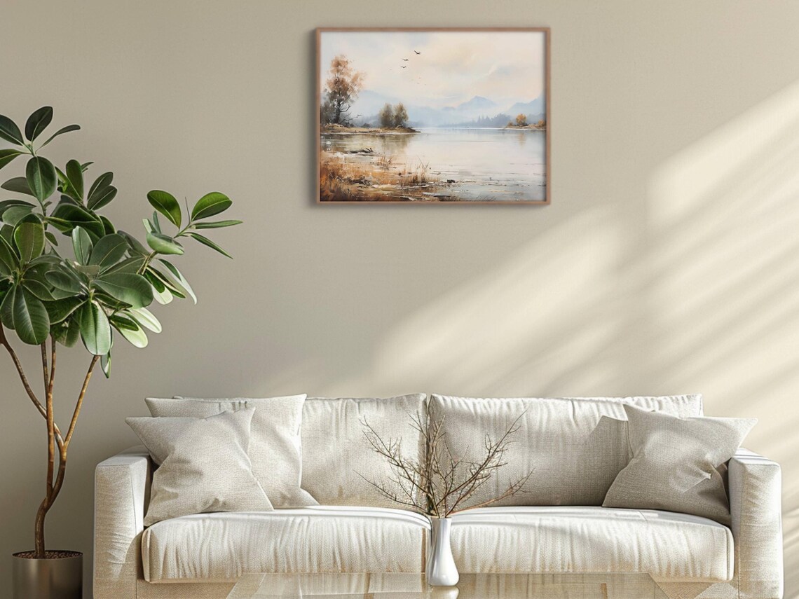 Misty Mountain Lake with Birds Soft Watercolor Nature Landscape Poster - Image 2