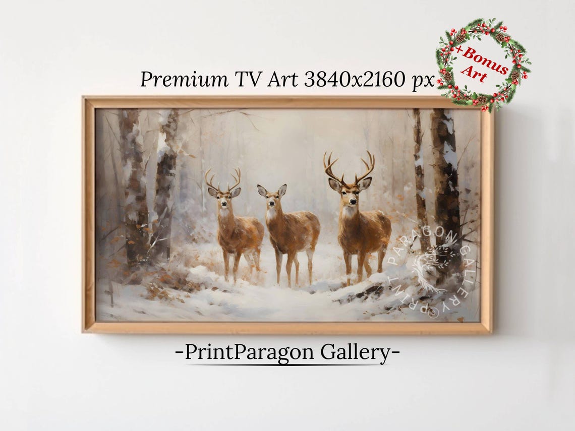 Three Deer With Antlered Bucks Posing in a Snowy Winter Wood Poster