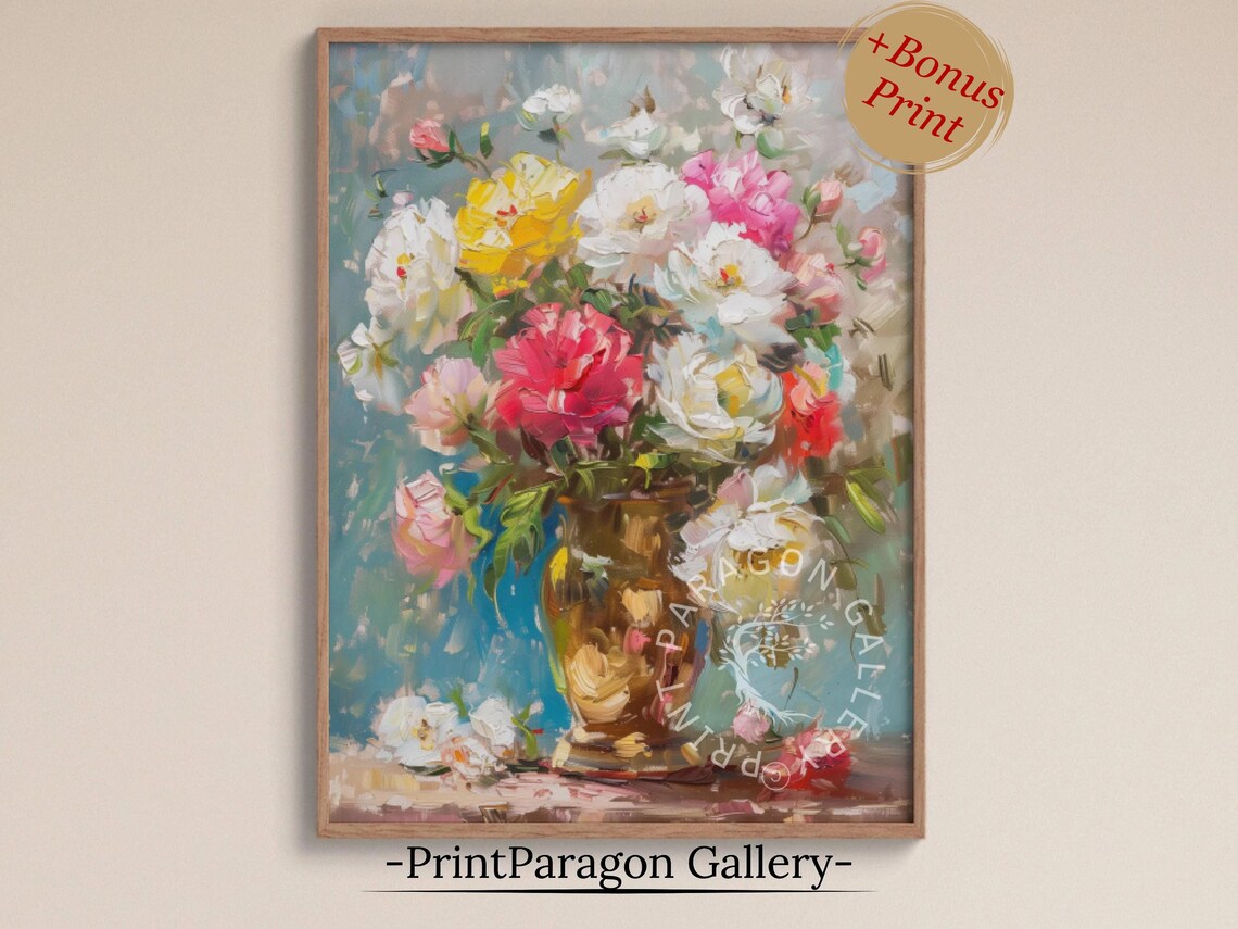 Vibrant Peony Vase Bouquet Colorful Floral Oil Painting Poster