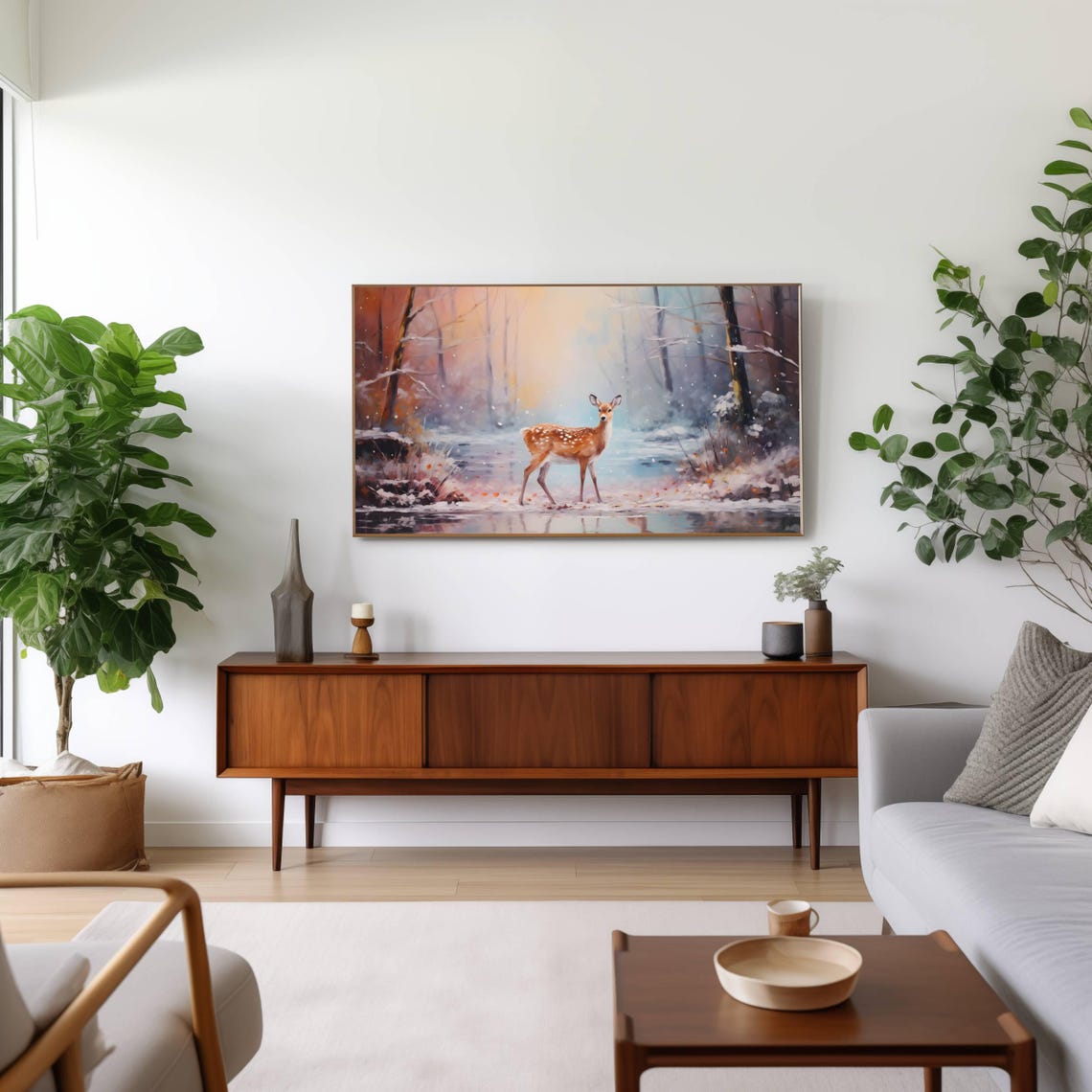 Cute Deer Frame Tv Art Snowy Forest Tv Art Winter Landscape Painting Farmhouse Christmas Tv Winter Seasonal Home Decor Art - Image 2