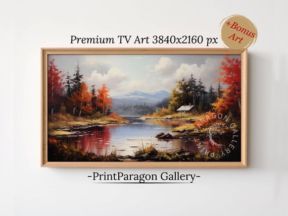 Fall Cabin by a Lake with Crimson Trees and Distant Peaks Wall Art
