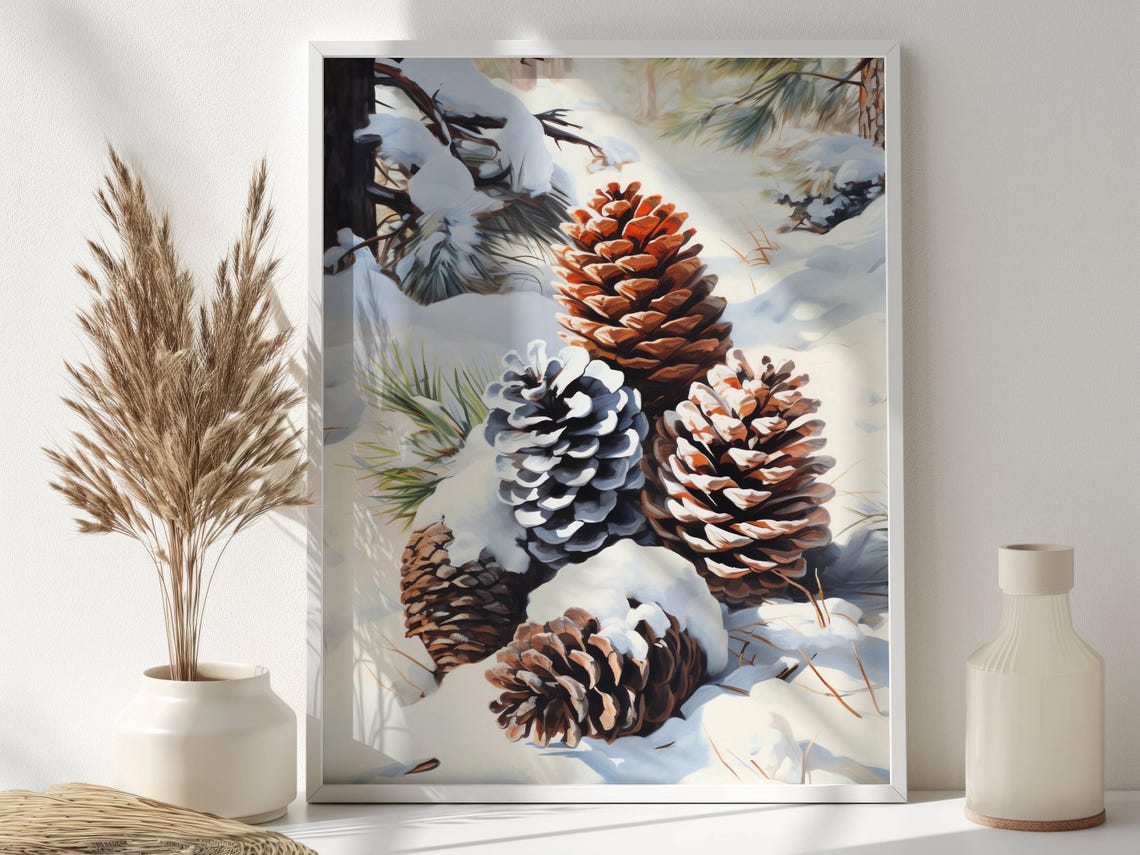 Snowy Pine Cones in Winter Forest Rustic Holiday Nature Art Poster - Image 2
