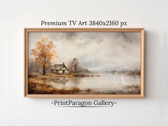 Misty Autumn Lake Cabin Painting Soft Gray Sky Calm Water Reflection Poster