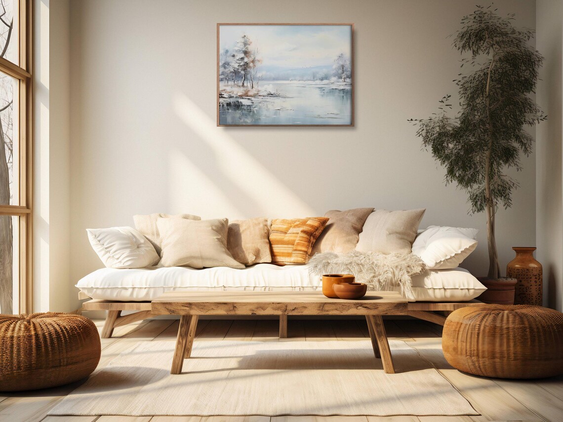 Soft Winter Lake Minimalist Pale Blue Landscape Oil Painting Calm Wall Art - Image 2