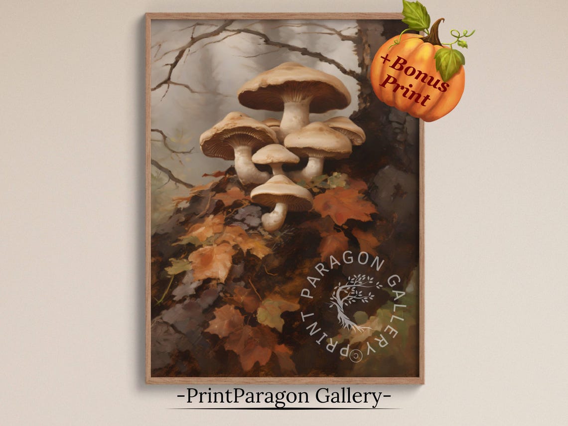 Cluster of Cream Mushrooms Growing on a Mossy Forest Log Wall Art