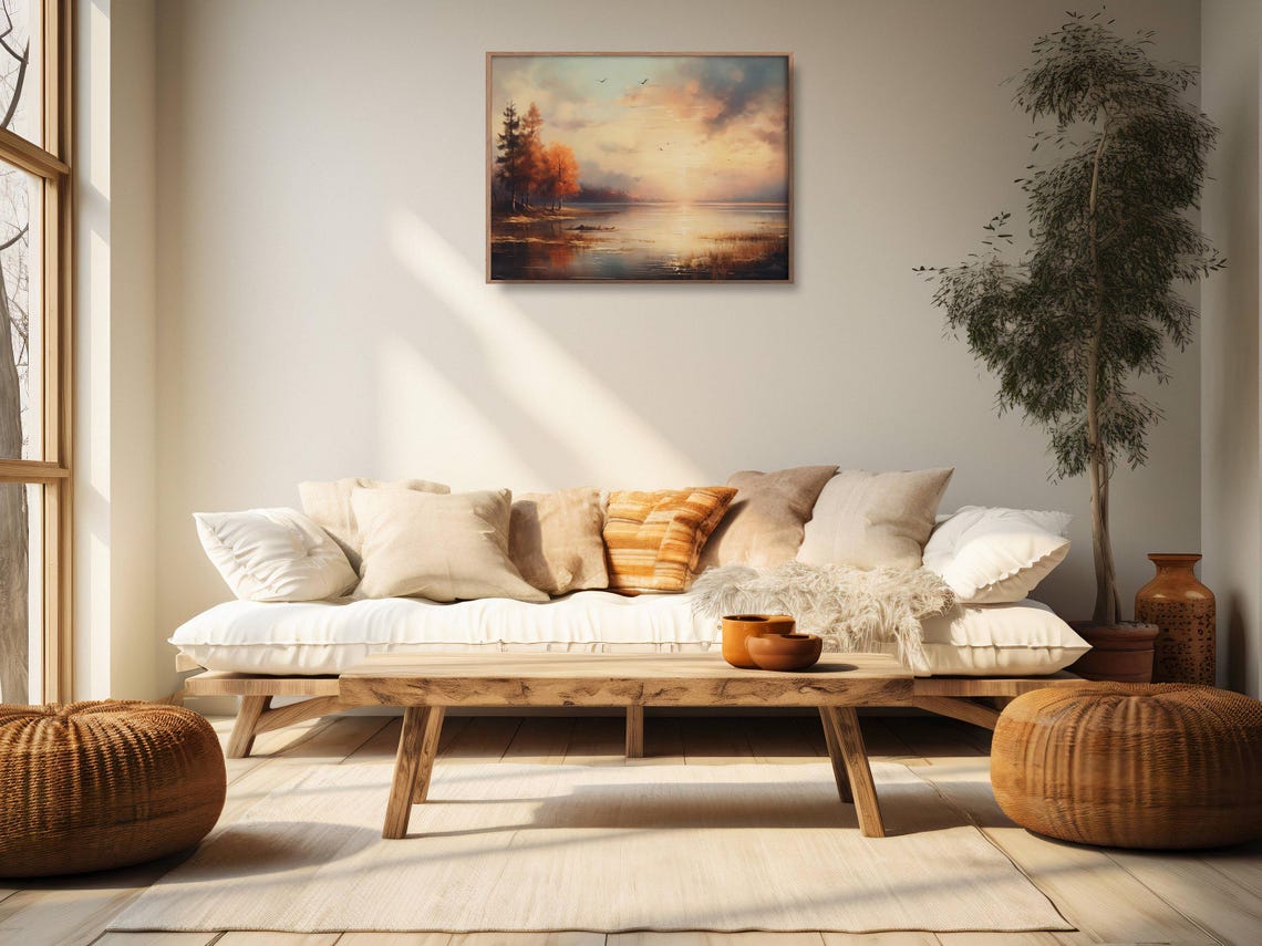 Autumn Lake Sunset Orange Trees Birds Golden Reflection Poster - Image 2