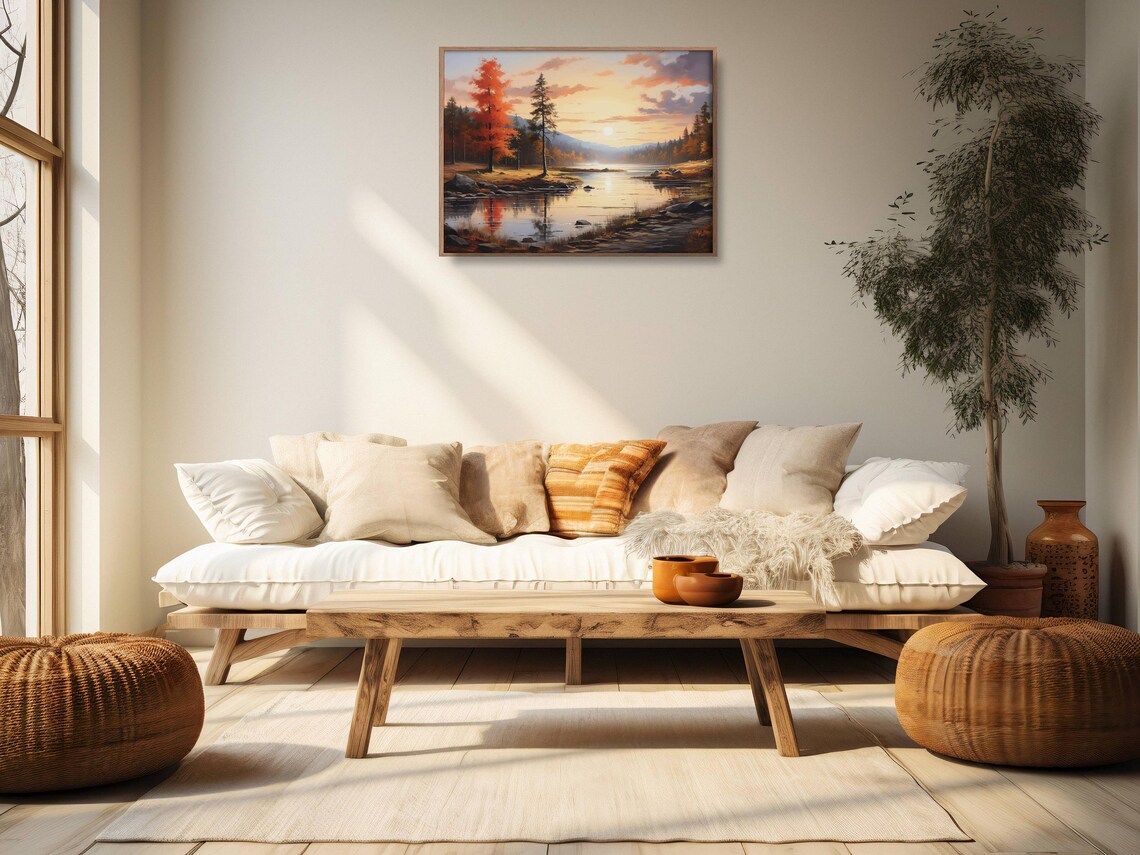 Scarlet Autumn Tree Beside Calm Lake Oil Painting Sunset Reflection Poster - Image 2