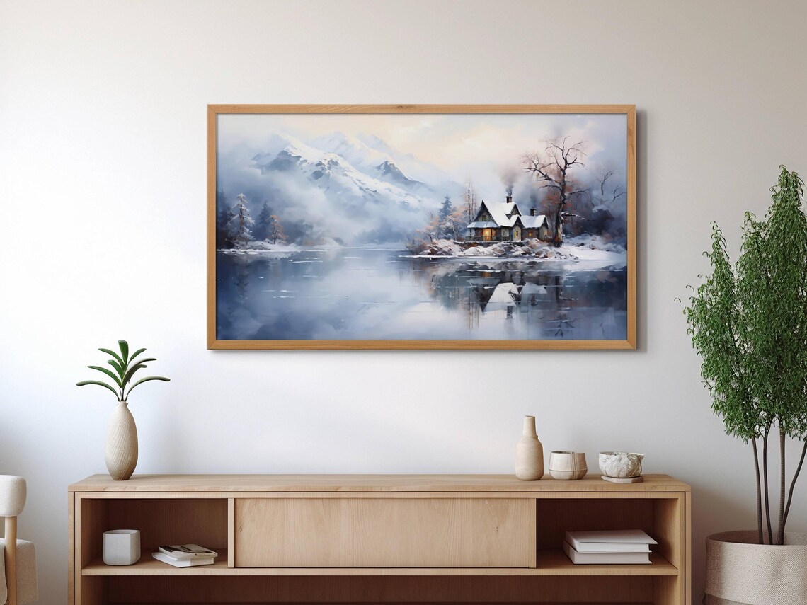 Mountain Lake Cottage Art Print, Rustic Winter Landscape - Image 2