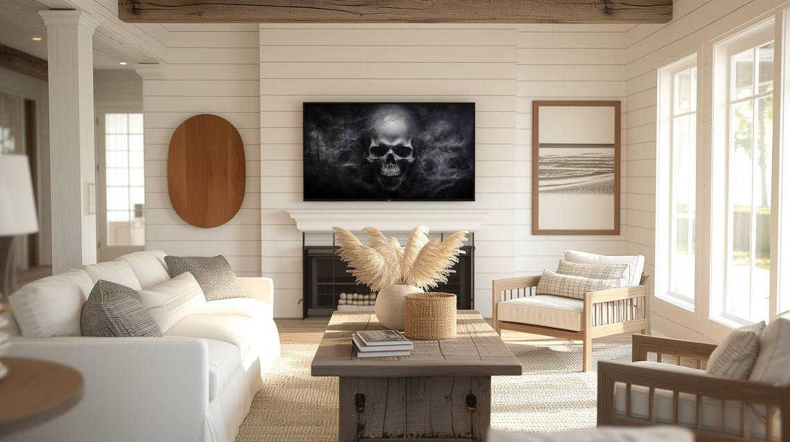 Skull Emerging from Dark Smoke Ethereal Black and White Poster - Image 2
