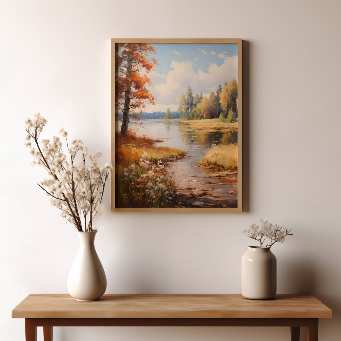 Autumn Lake Orange Tree Wildflowers Fall Forest Landscape Poster - Image 2