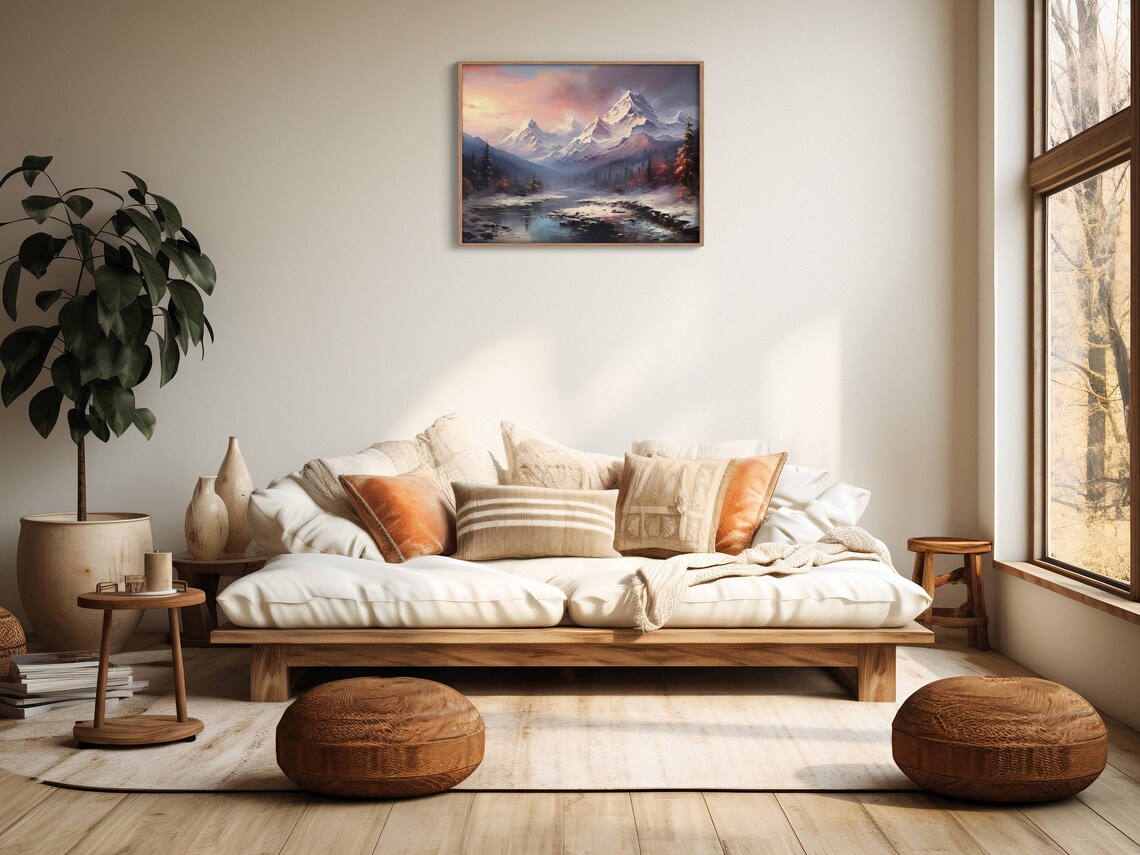 Snowy Mountain Valley River Pink Alpenglow Oil Painting Alpine Wall Art - Image 2