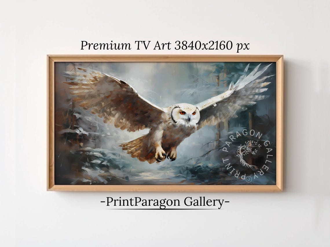 Snowy Owl In Flight Over Winter Forest White Wings Wildlife Poster