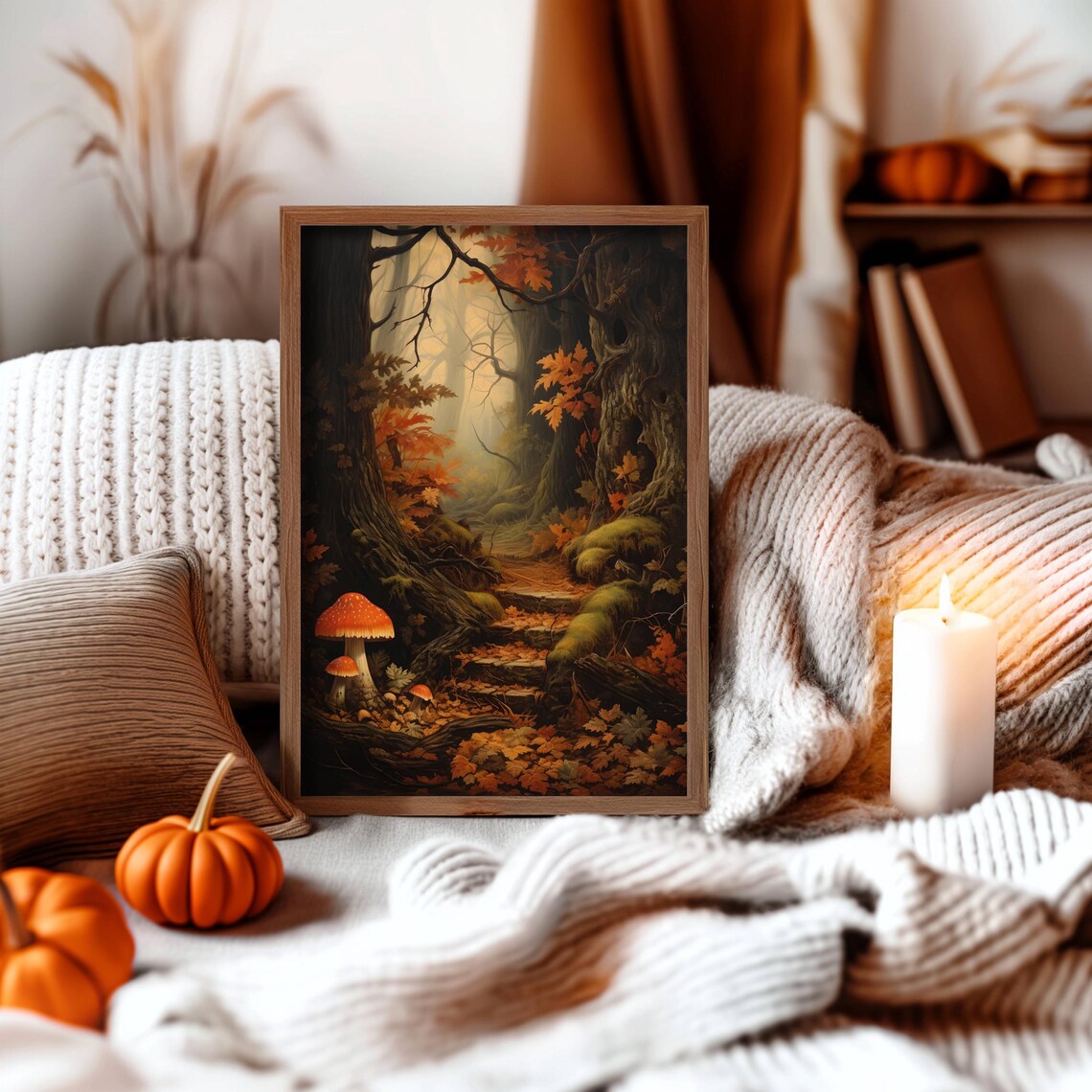 Dark Enchanted Forest Path with Red Toadstools and Fall Leaves Wall Art - Image 2