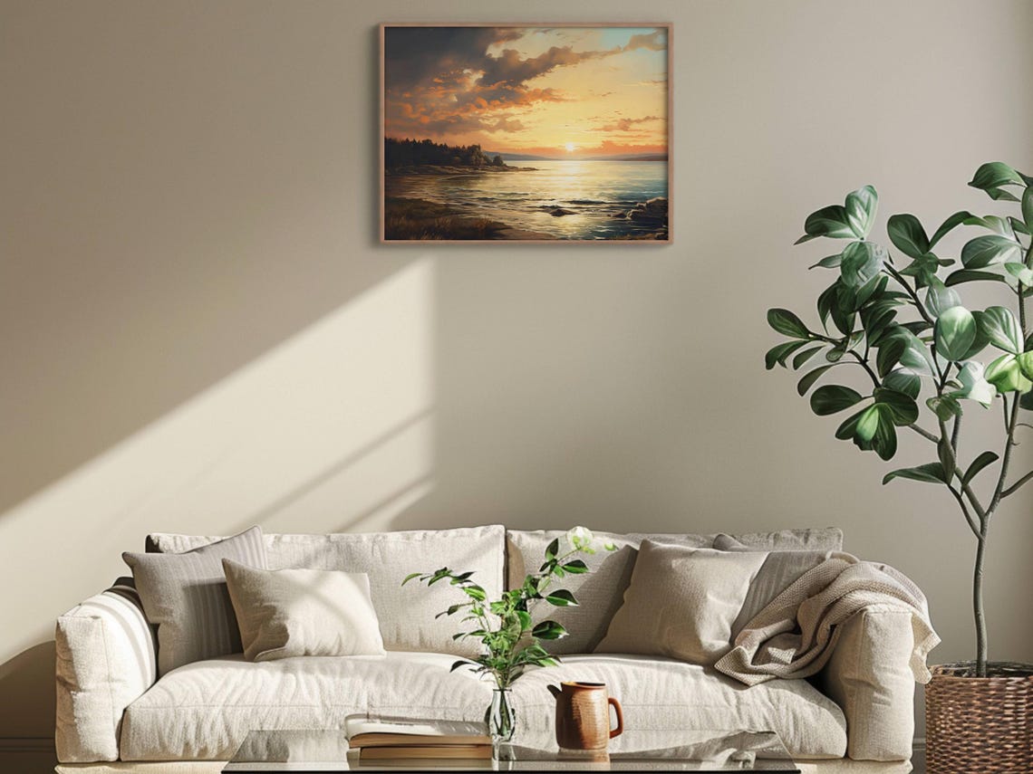 Dramatic Orange Sunset Beach Rocky Shore Ocean Painting Poster - Image 2