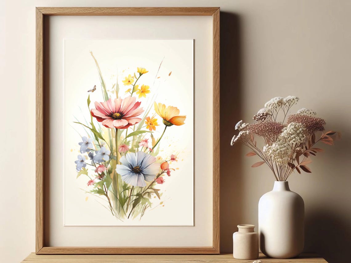 Pastel Wildflower Cosmos Bouquet Watercolor with Butterfly Poster - Image 2