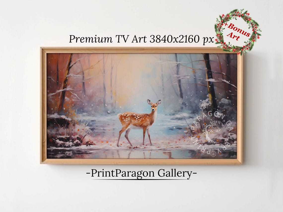 Graceful Deer in a Snowy Forest at Dusk Wildlife Painting Poster