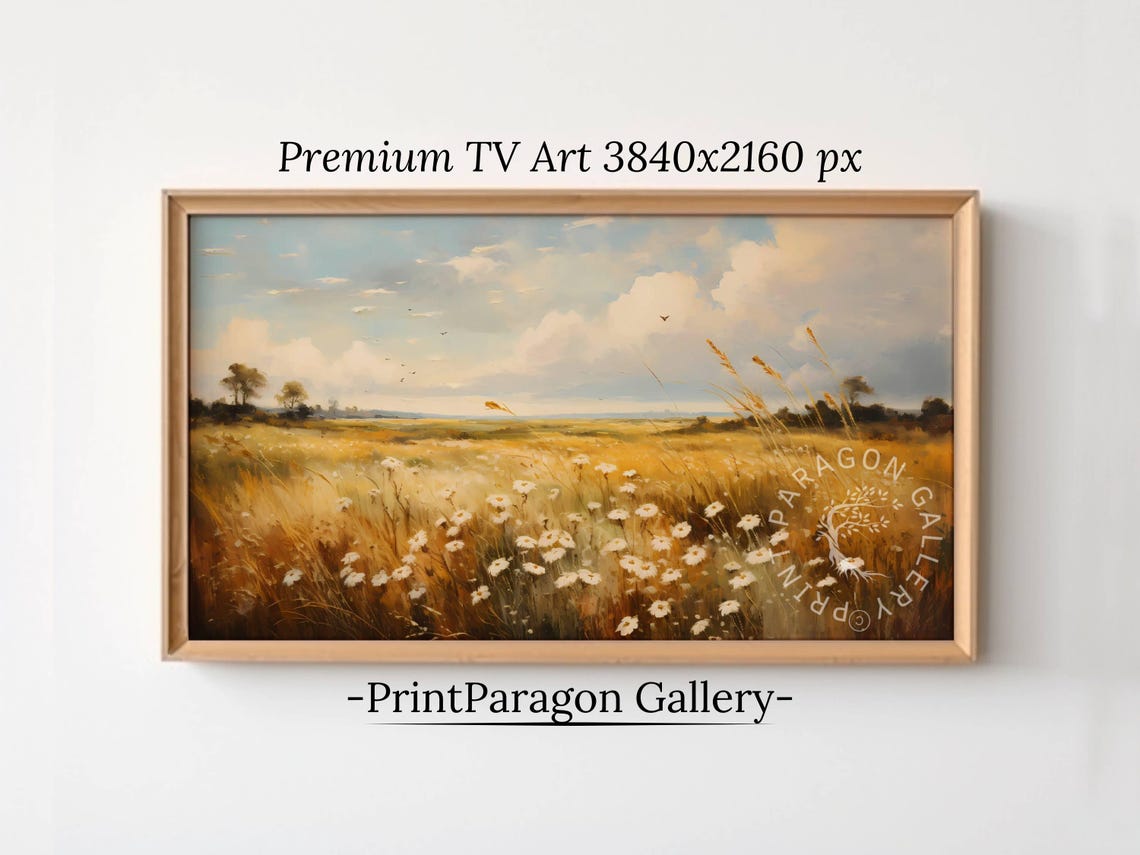 Golden Wheat Field With White Wildflowers Under Summer Sky Poster