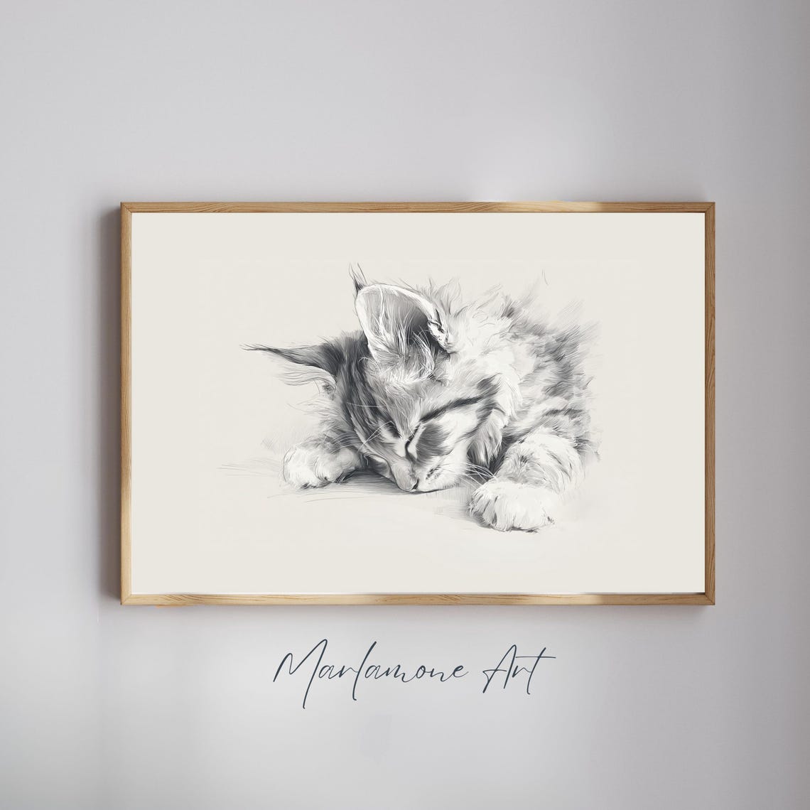 Sleeping Kitten Pencil Sketch Black And White Cat Art Nursery Poster