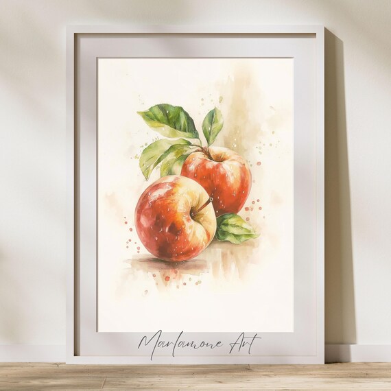 Two Red Apples Watercolor Painting Kitchen Fruit Decor Poster