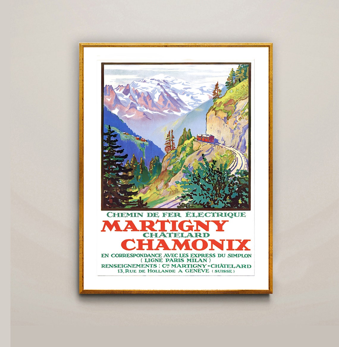 Martigny Chamonix Vintage Railway Poster Swiss Mountain Train Art