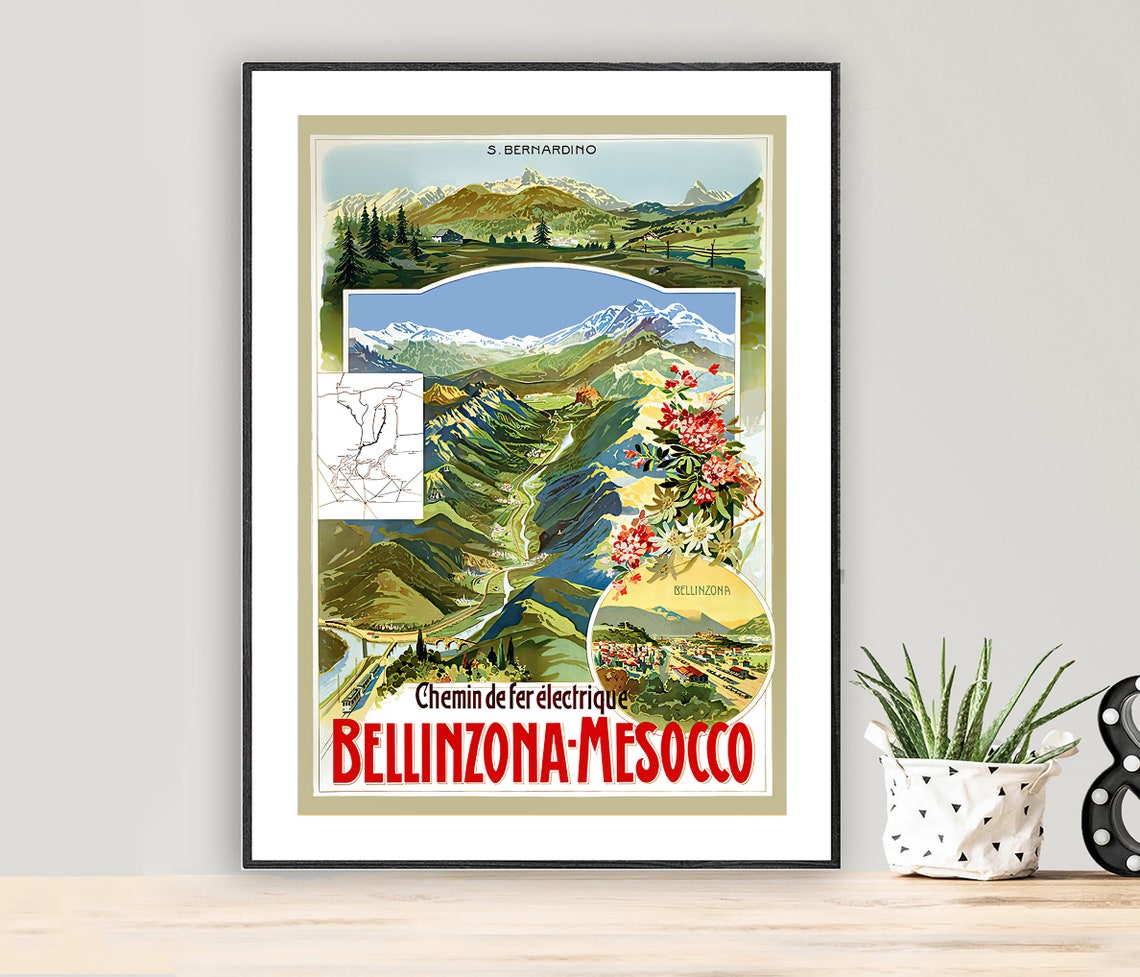 Bellinzona Mesocco Electric Railway Vintage Swiss Mountain Poster