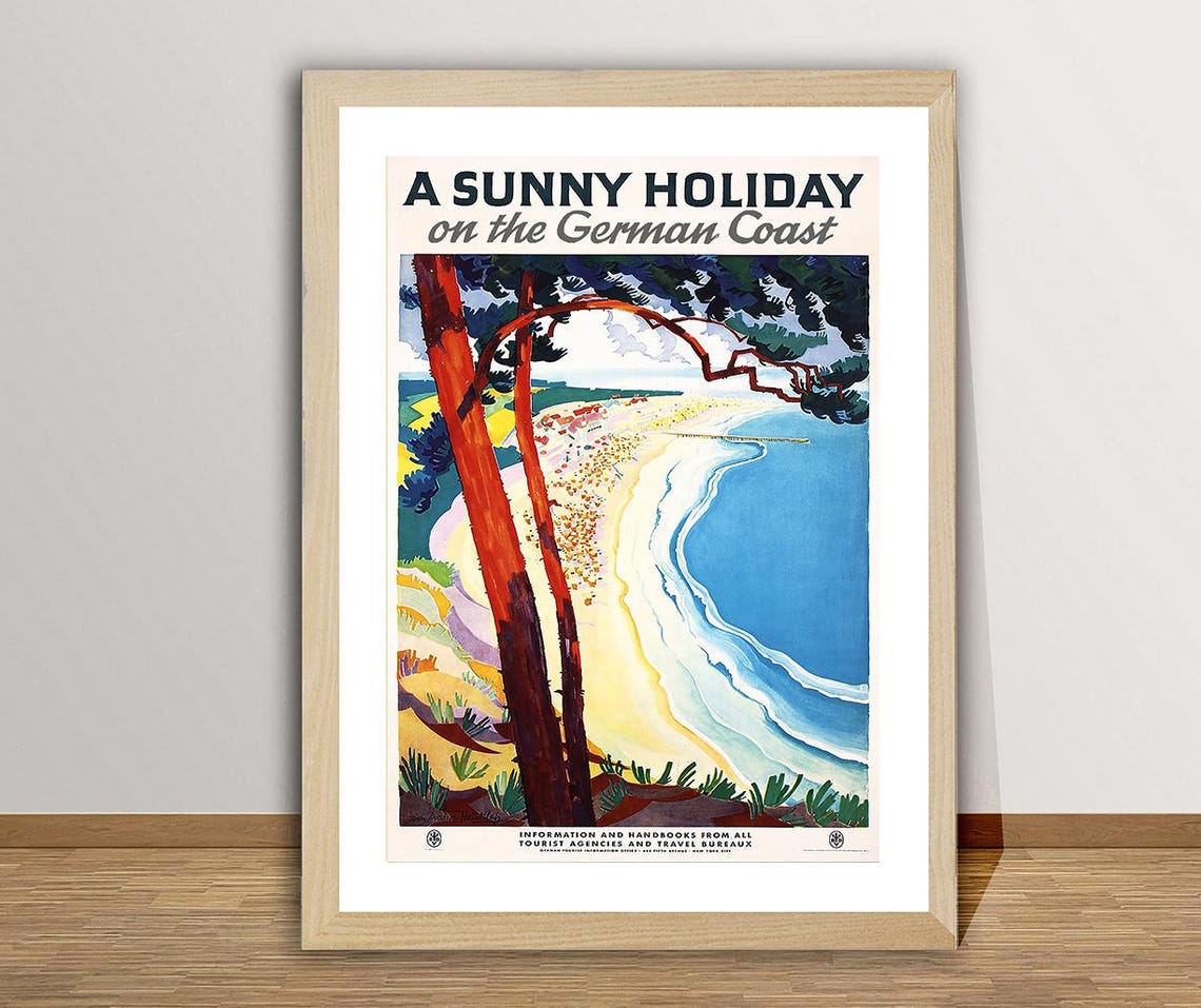 Sunny Holiday German Coast Curved Beach Pines Vintage Travel Poster