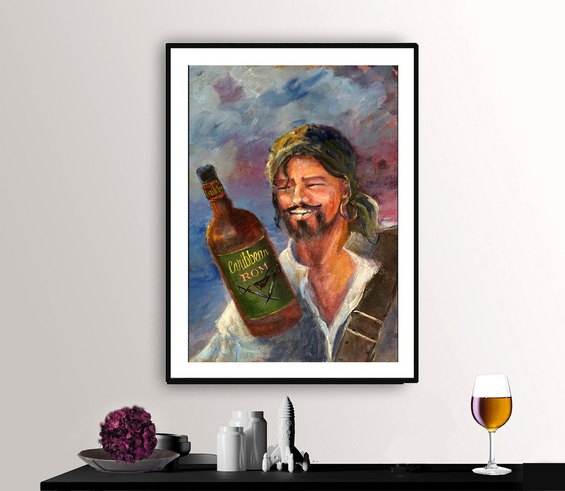 Smiling Pirate Caribbean Rum Bottle Whimsical Painting Poster