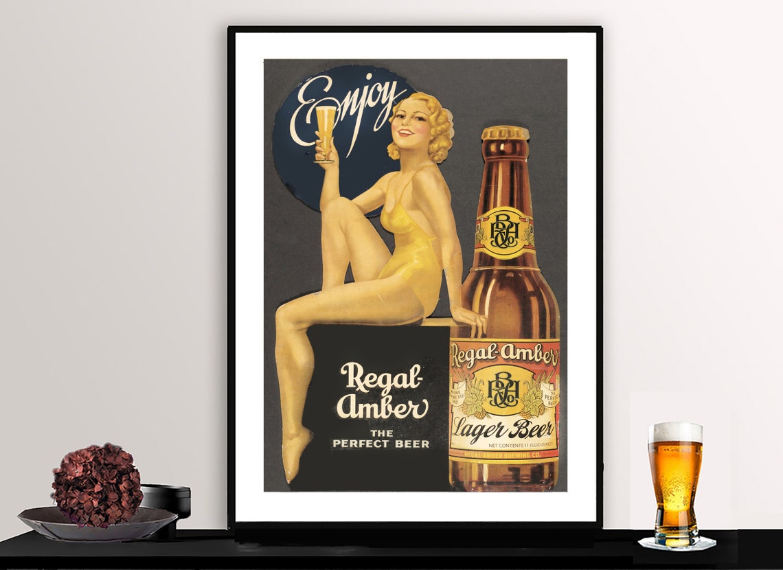 Regal Amber Perfect Beer Vintage Lager Pinup Girl Bar Ad Poster