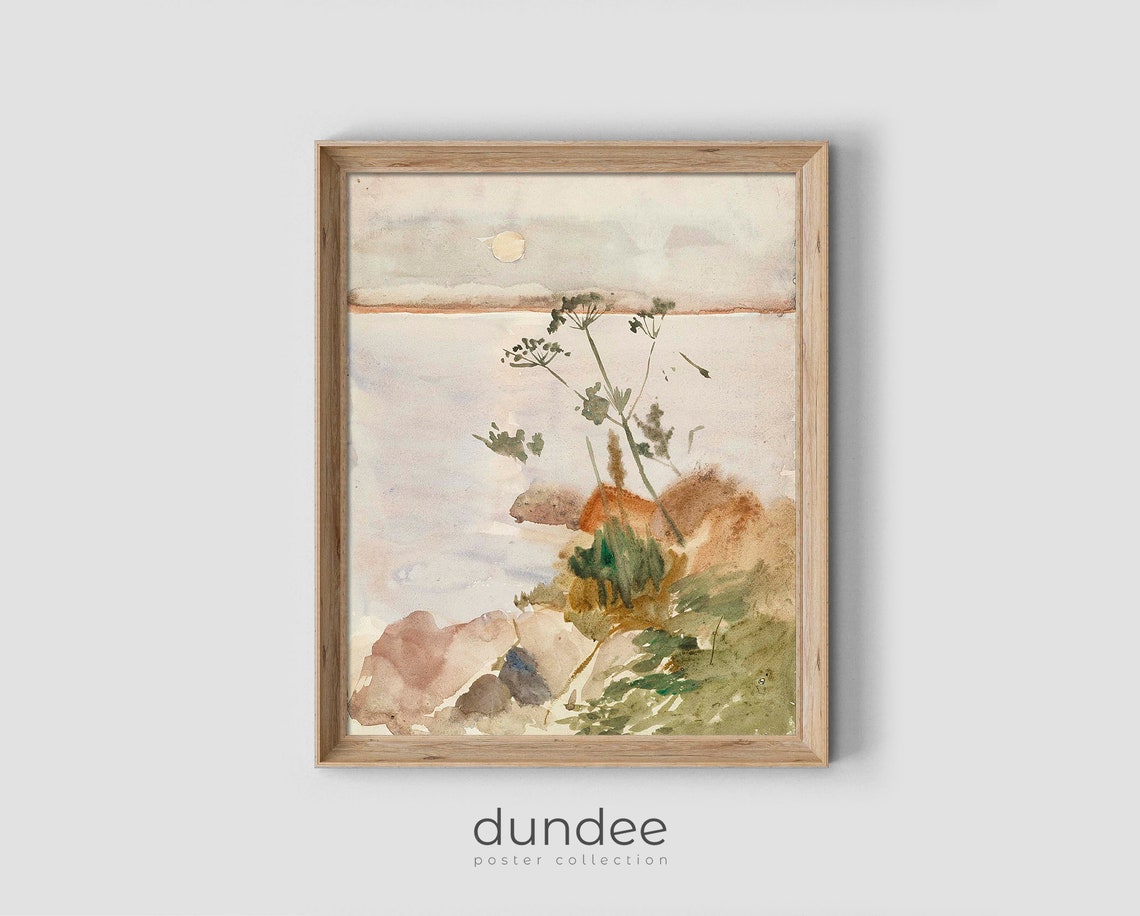 Soft Watercolor Lakeside Sunset with Wildflowers Shoreline Poster