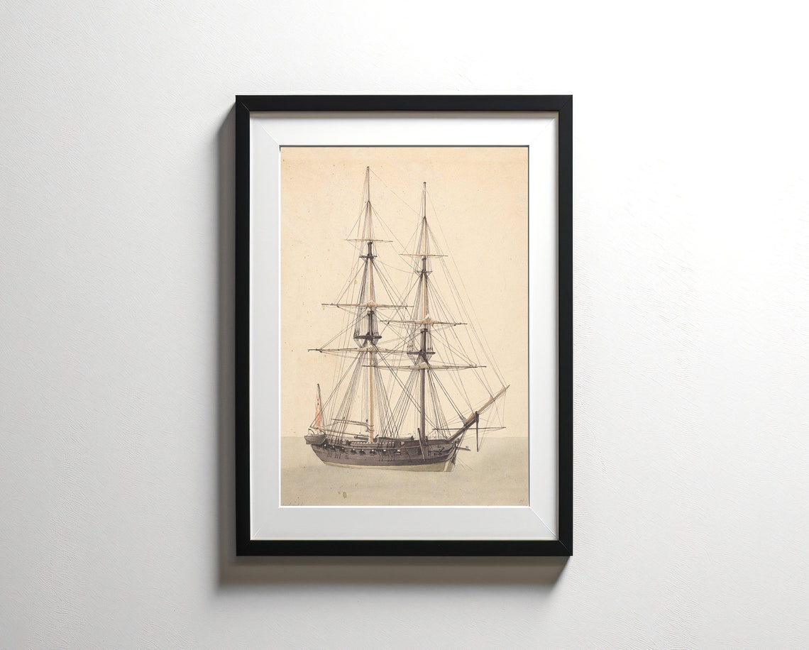 Antique Tall Ship With Two Masts Vintage Nautical Engraving Poster - Image 2