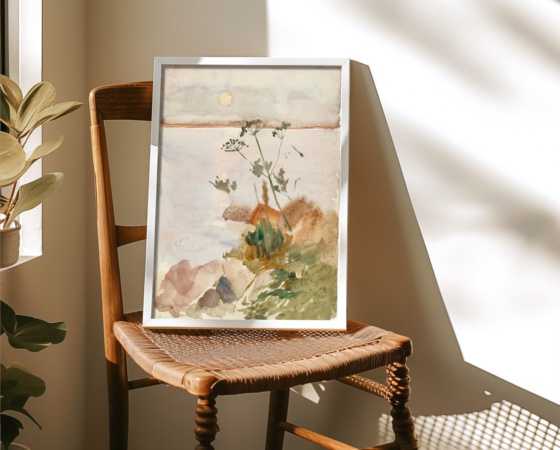 Soft Watercolor Lakeside Sunset with Wildflowers Shoreline Poster - Image 4