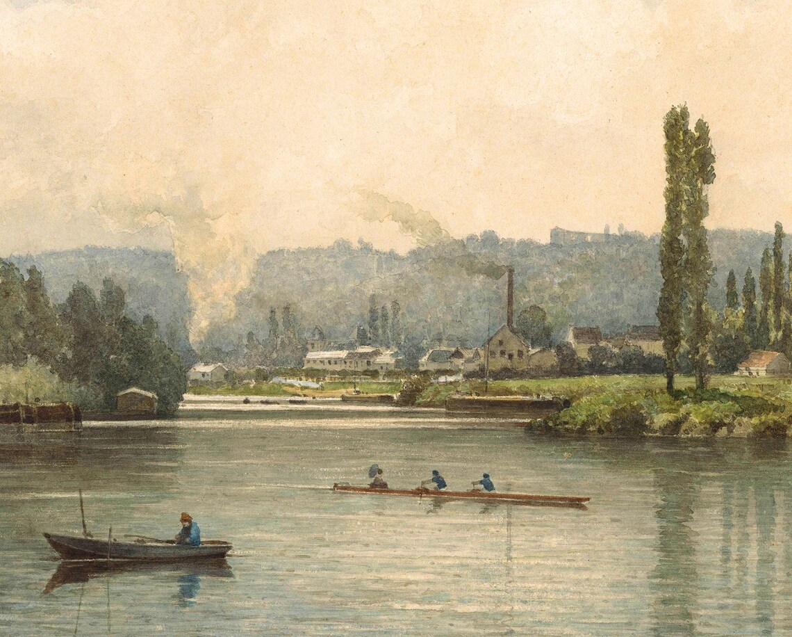 Vintage River Scene With Rowboats And Tall Poplars Lake House Poster - Image 2