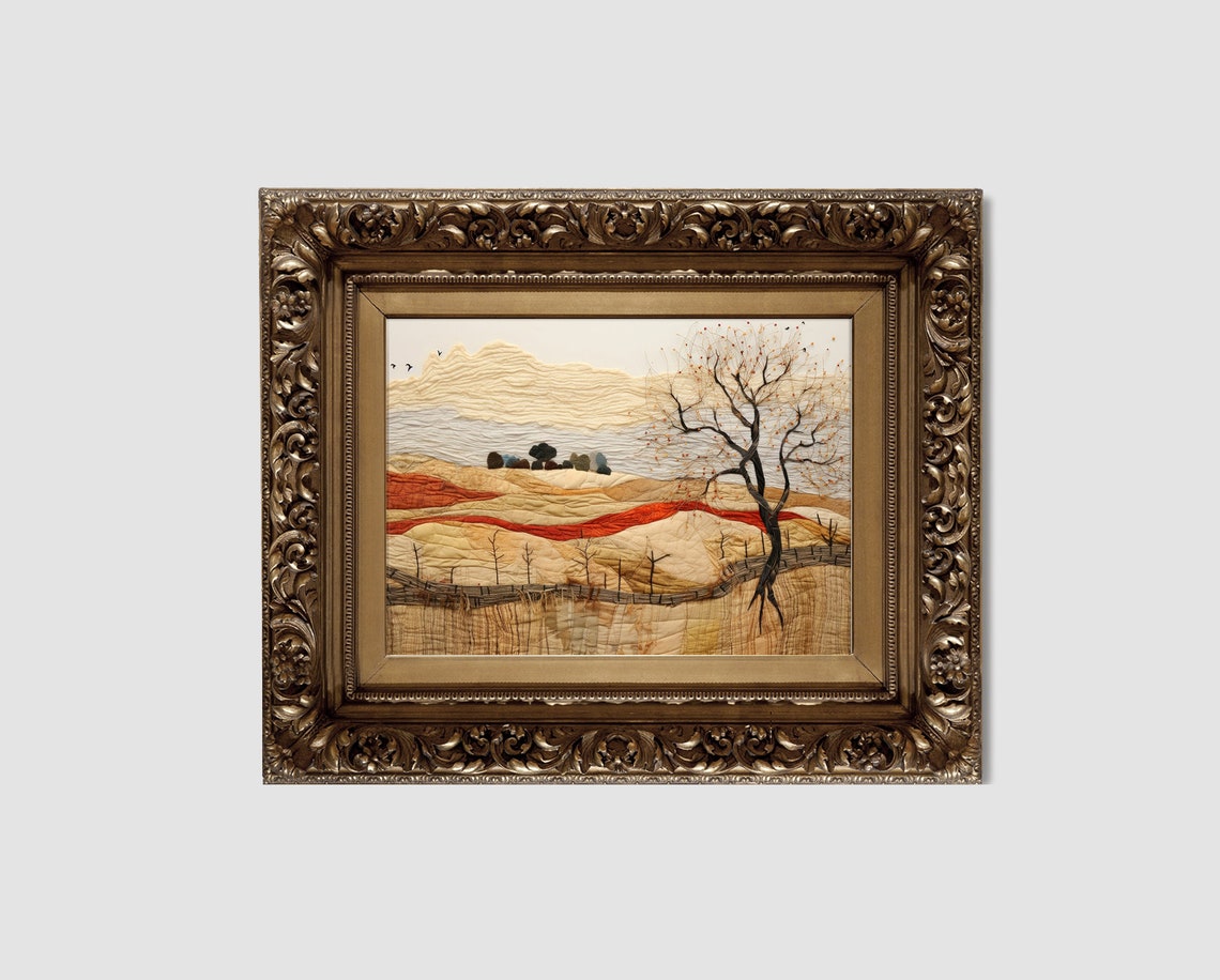 Quilted Textile Rolling Hills Landscape with Lone Bare Tree Poster - Image 2