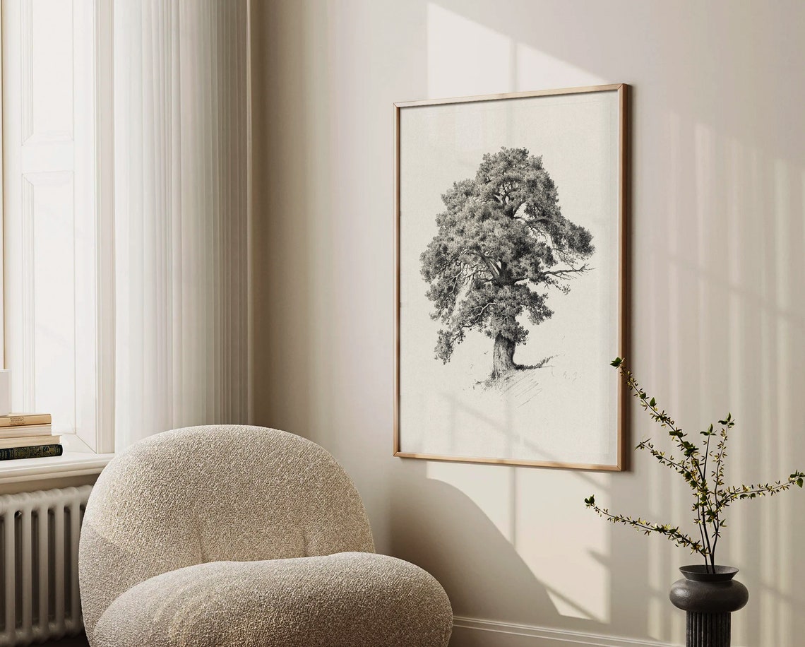 Vintage Tree Sketch Neutral Tree Drawing Vintage Tree Landscape Scenery Print Pencil Drawing - Image 3
