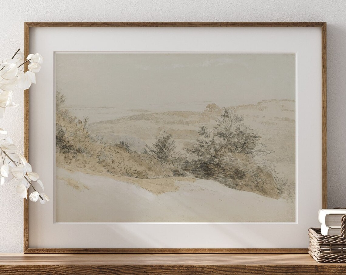 Vintage Beige Farmhouse Landscape Art Print - Image 3