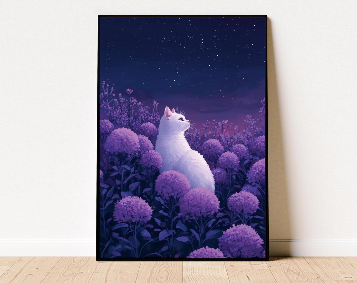 White Cat Among Purple Flowers Under A Starry Night Sky Art Poster