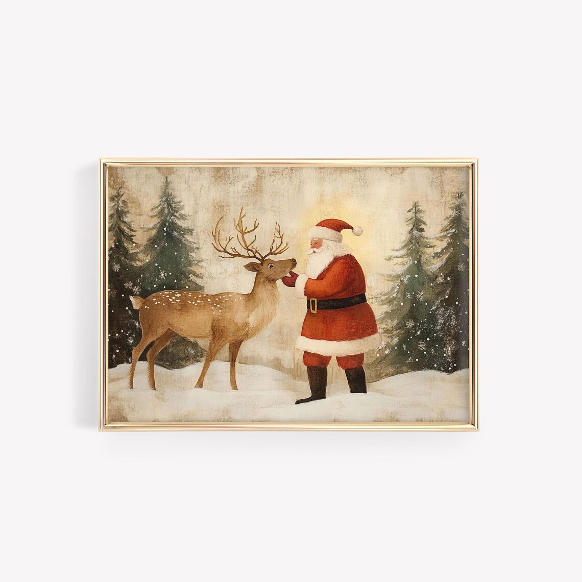 Vintage Santa Feeding Spotted Deer Snowy Pine Forest Holiday Poster