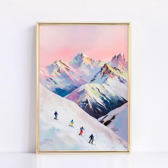 Skiing Pastel Oil Painting Winter Art Print