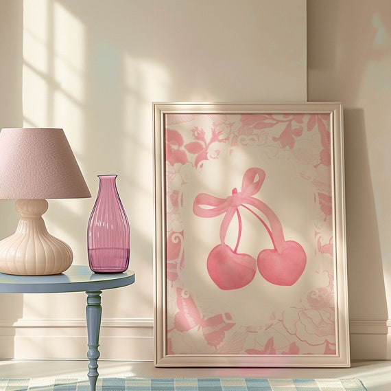 Pink Coquette Cherry Physical Print Pink Bow Trendy Retro Feminine Poster Soft Girl Bedroom Decor Preppy College Apartment Print
