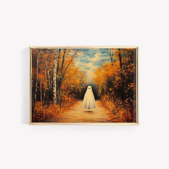 Ghost Painting Fall Landscape Painting Funny Spooky Fall Decor Halloween Print Halloween Painting Autumn Oversized Wall Art Horizontal Cute