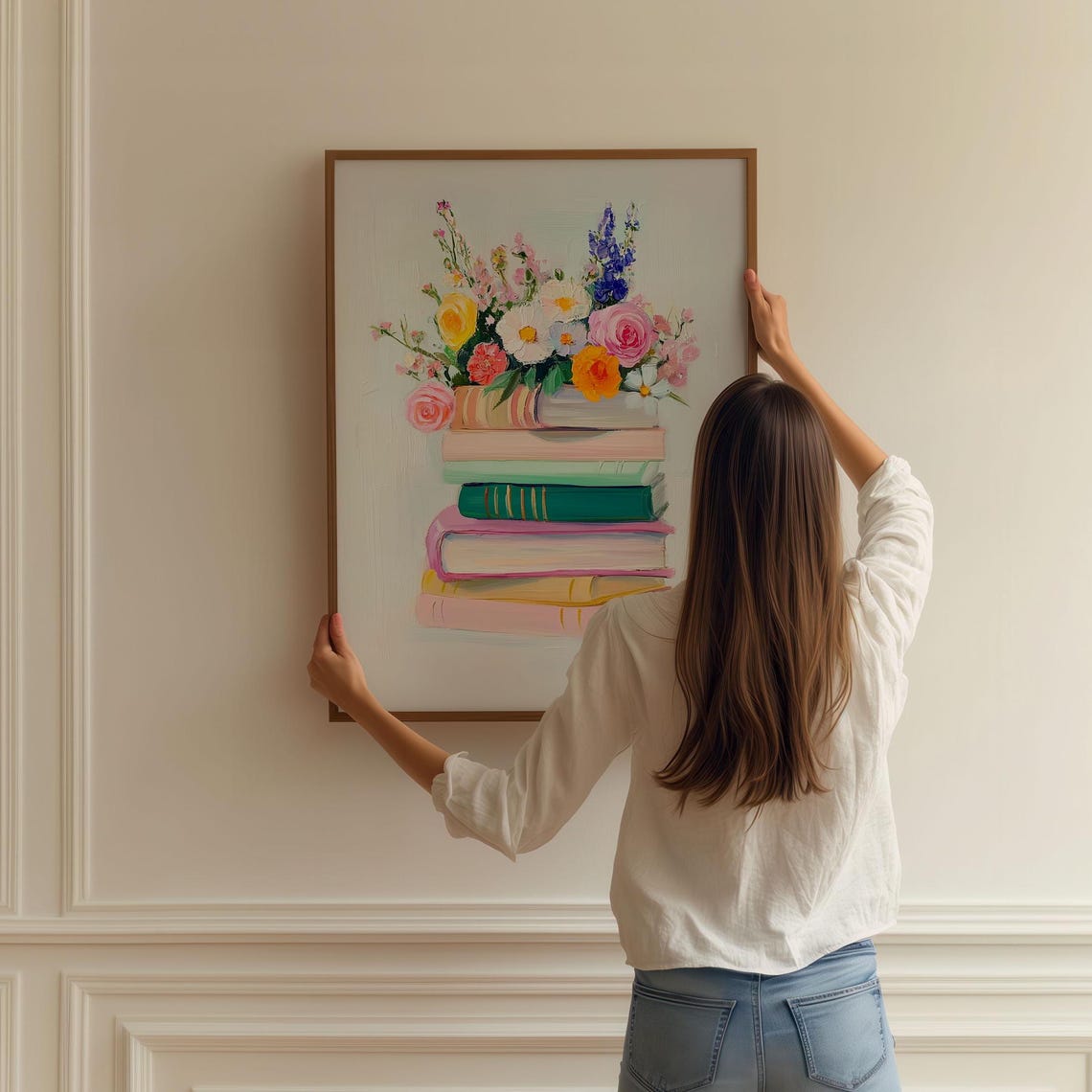 Book Stack Wildflower Bouquet Painting Pastel Reading Nook Poster - Image 2